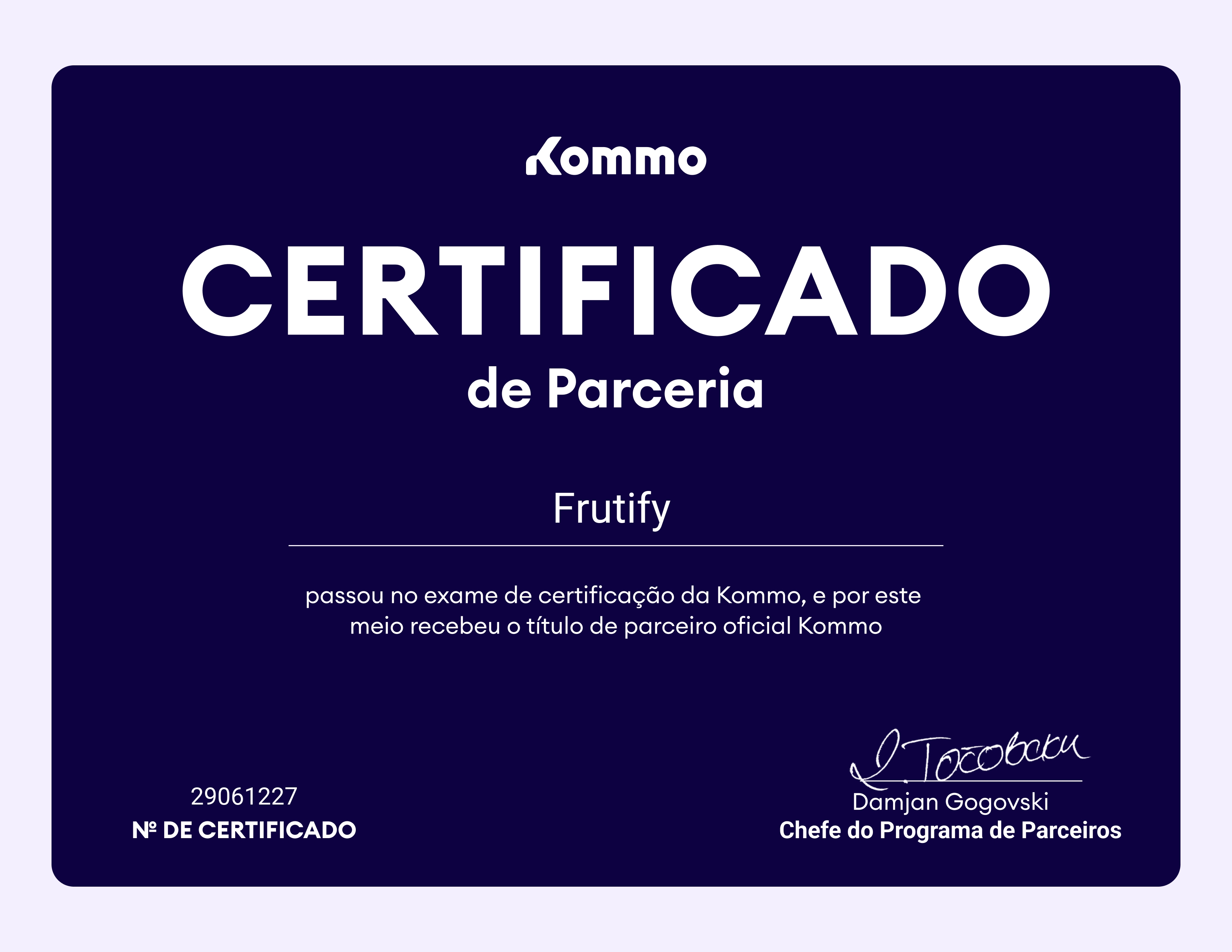 Certificado de parceria Kommo - Frutify
